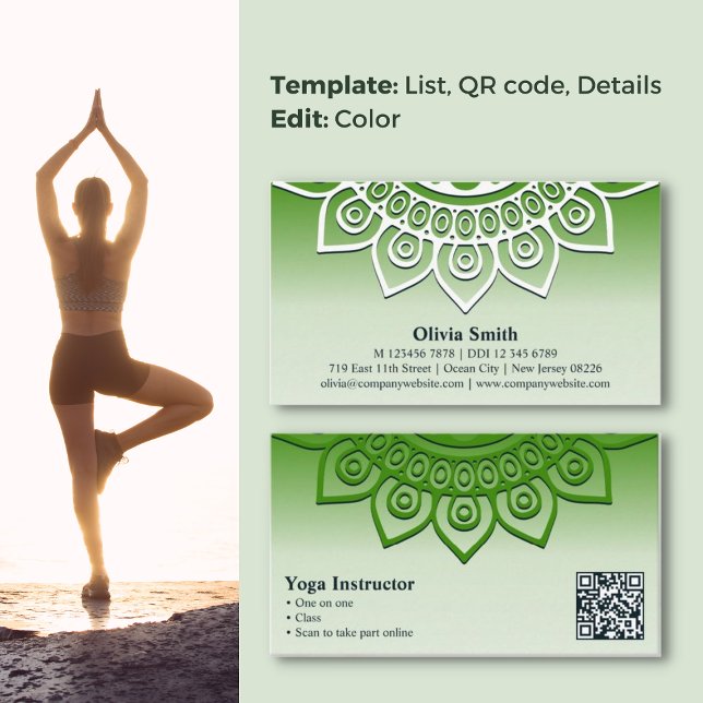 Harmonia em Mandala Verde Design Yoga Cartão de vi (Harmony in Green Mandala Design Yoga Business Card, Service List, QR code)