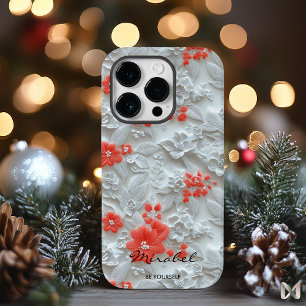 Harmonia Floral Em Relevo Coral e Branco
