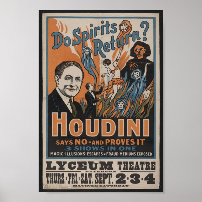 Harry Houdini Vintage Poster de Desempenho Mágico (Frente)