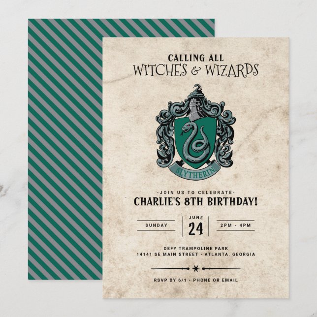 Harry Potter Birthday | Convite Slytherin (Frente/Verso)