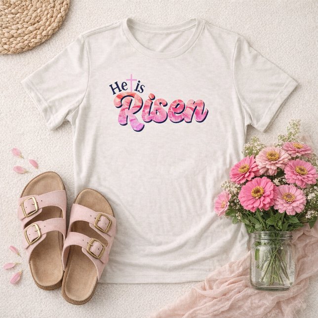 He Is Risen Cross Pink Floral Lettering Easter  (He is Risen Pink Floral Script Font Easter Cross Shirt )