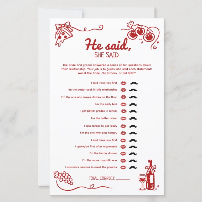He Said She Said Amore Wedding Party Activity Card (Frente)