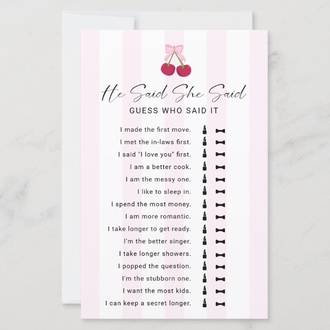 He Said She Said Bridal Shower Game Coquette (Frente)