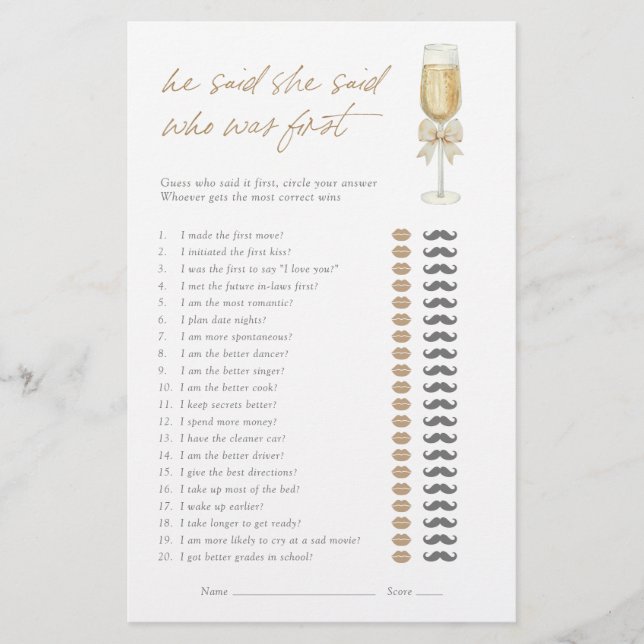 He Said She Said Elegant Champagne Bow Bridal Game (Frente)