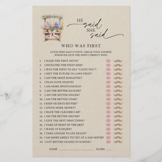 He Said She Said Farmers Market Bridal Shower Game (Frente)