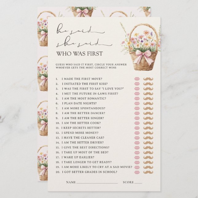 He Said She Said Floral Farmers Market Bridal Game (Frente/Verso)