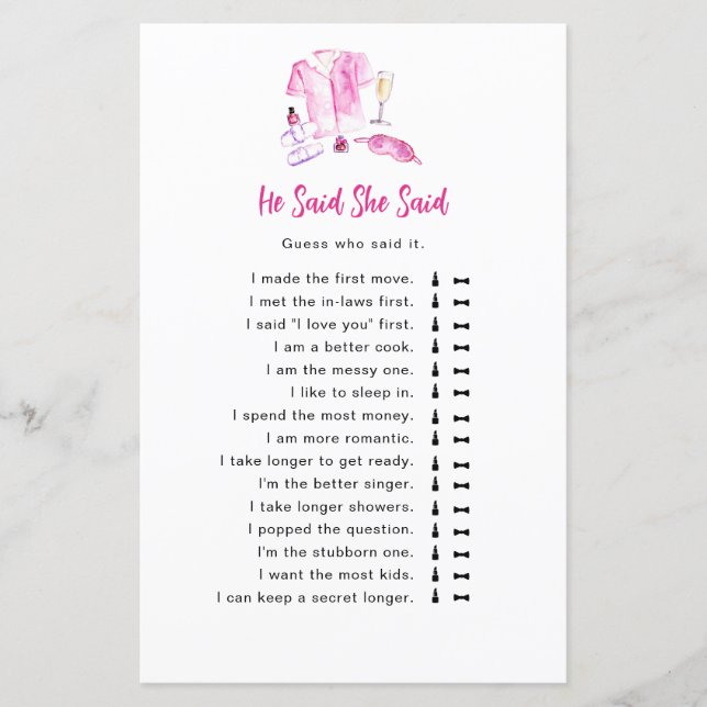 He Said She Said game Pajamas & Prosecco Bridal (Frente)