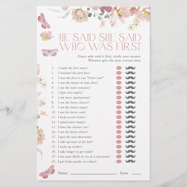 He Said She Said Pink Floral Bridal Shower Game (Frente)