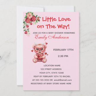 Heart Glasses Teddy Bear Pink Baby Shower Invite