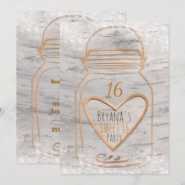 Heart Mason Jar & Lights Birch Sweet 16 Convite (Frente/Verso)