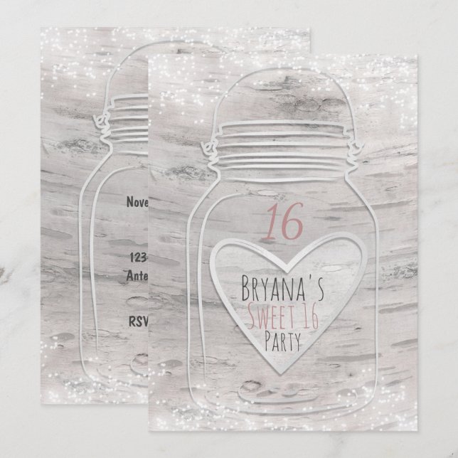 Heart Mason Jar & Lights Birch Sweet 16 Convite (Frente/Verso)