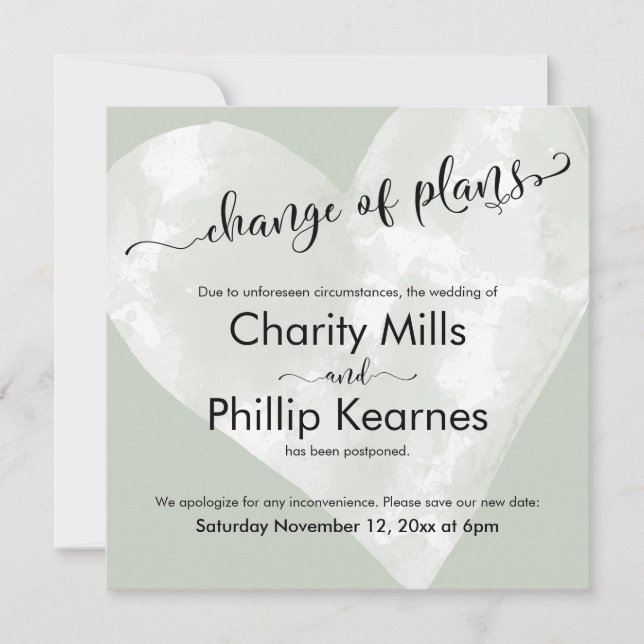 Heart Sage Green adiou mudança de planos de casame (Frente)