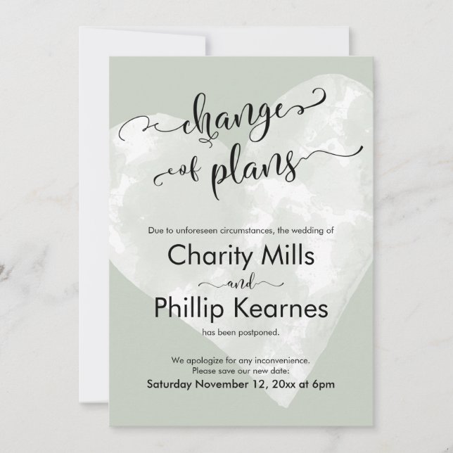 Heart Sage Green adiou mudança de planos de casame (Frente)