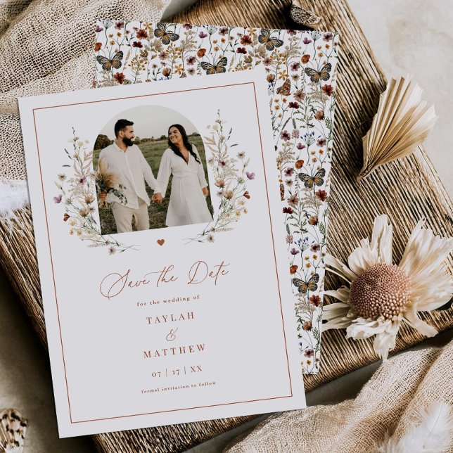 Heart Wildflower Save The Date Boho Cartão com fot (Criador carregado)
