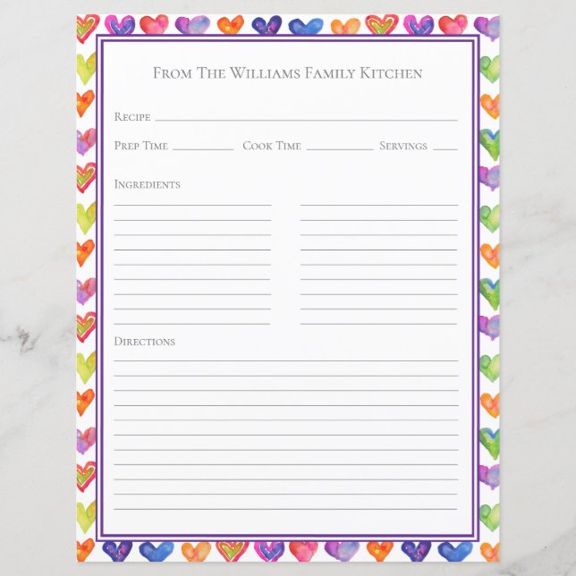 Hearts Rainbow White Recipe Paper Sheet (Frente)