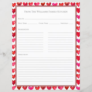 Hearts Red Pink White Recipe Paper Sheet