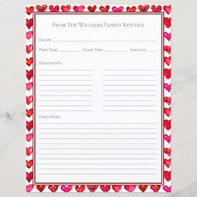 Hearts Red Pink White Recipe Paper Sheet (Frente)