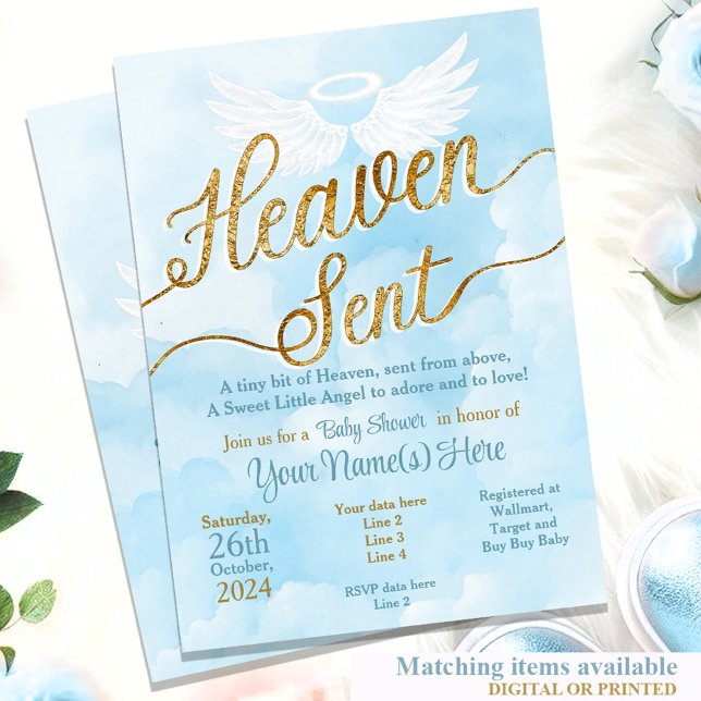 Heaven Enviou Convite para Chás de fraldas - Boy A (Blue Heaven Sent Little Boy Angel invitation with blue watercolor white wings)