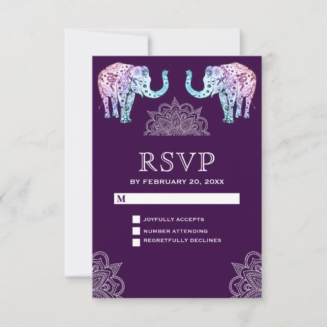 Henna Tattooed Elephants Indian Weding RSVP (Frente)