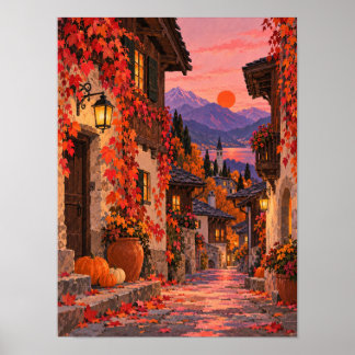 Herbstgasse mit Laternen und Weinlaub – Poster