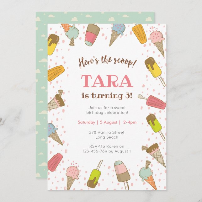 Heres o convite do aniversário do sorvete da (Frente/Verso)
