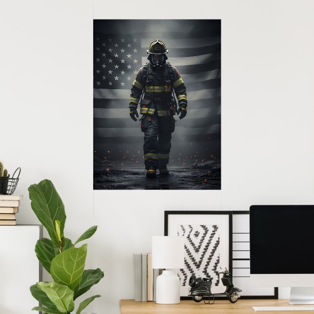 Heroic Firefighter Walking Through Smoke poster (Escritório em casa)