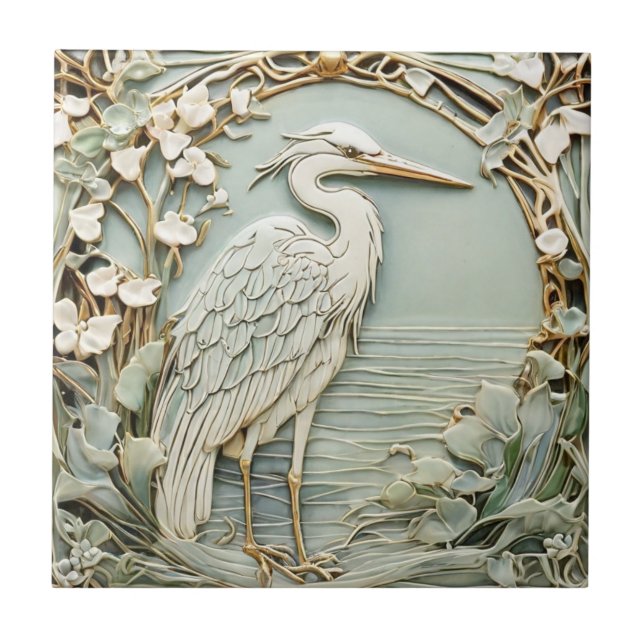 Heron Sea Bird Art Nouveau Faux Alivio Direita (Frente)