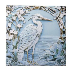 Heron Sea Bird Art Nouveau Faux Alivio Direito Azu