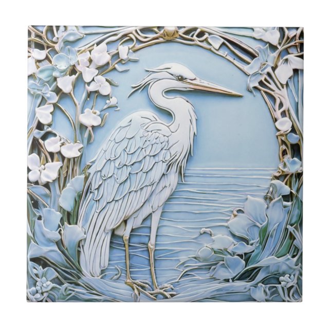 Heron Sea Bird Art Nouveau Faux Alivio Direito Azu (Frente)