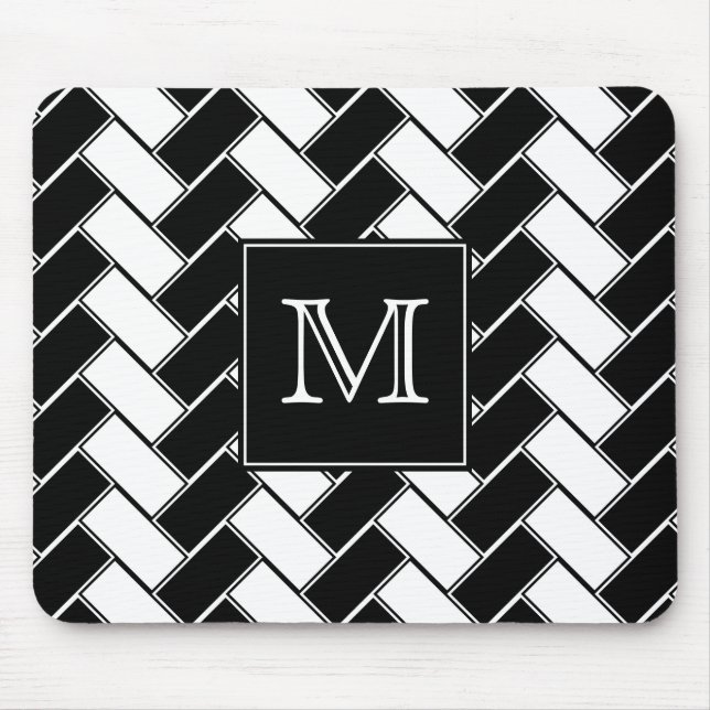 Herringbone preto e branco Mousepad do monograma (Frente)