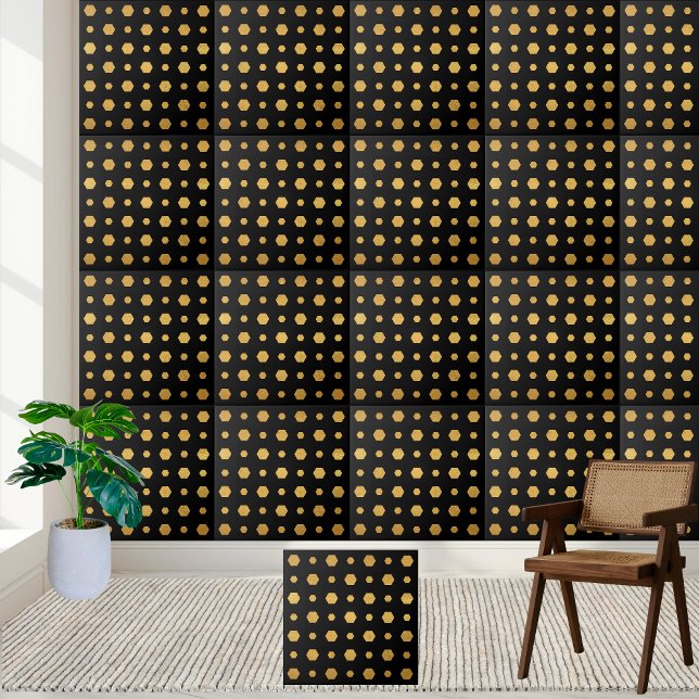 Hexágono Geométrico e Negro Moderno e Dourado (Stylish Modern Black and Gold Geometric Hexagon Ceramic Tile)