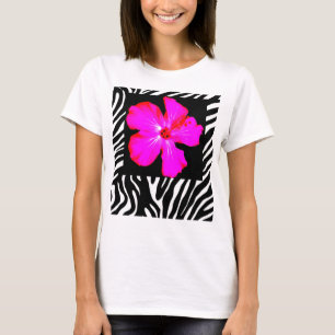 Hibisco rosa-quente na camiseta de impressão zebra