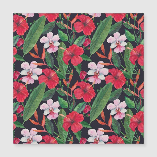 hibisco vermelho, orquídeas, aquarela tropical. (Frente)