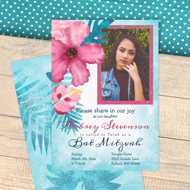 Hibiscus Rosa, Azul-Teal Convite Mitzvah (turquoise blue and pink bat mitzvah invitation, hibiscus flower, 12th birthday party invitation)