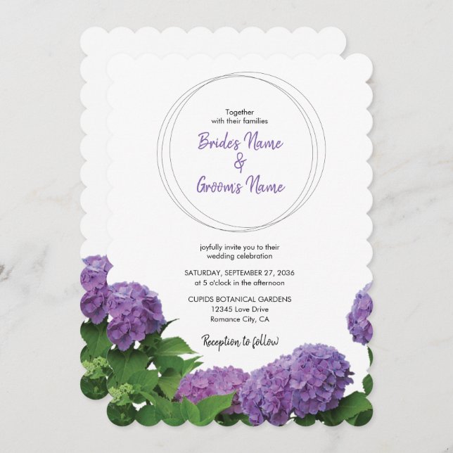 Hídrangas Roxas Elegantes Convites para Casamento (Frente/Verso)