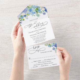 Hidrangea Azul Elegante Aquarela Folhagem Casament