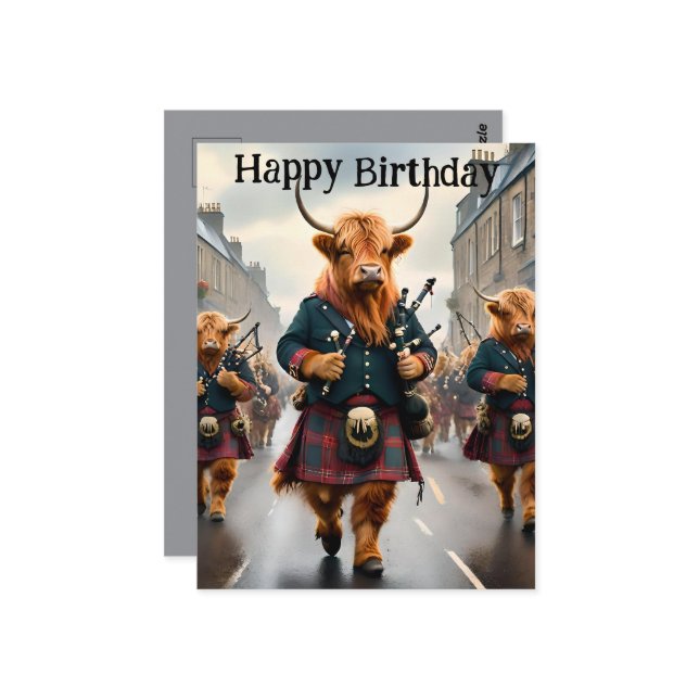 Highland Cow Bagpipe Band, Cartão de Aniversário (Frente/Verso In Situ)