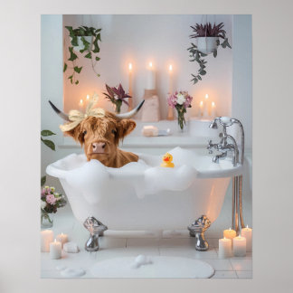 Highland Cow Bubble Bath Bathroom Poster Impressão
