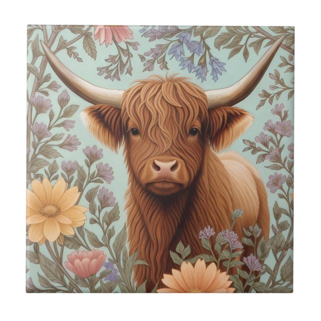 Highland Cow Pastel William Morris Inspired Floral (Frente)