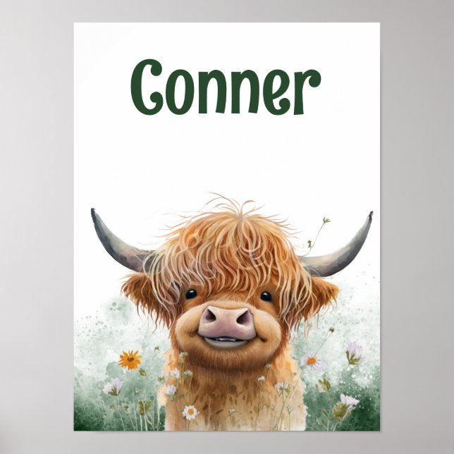 Highland Cow Watercolor Nursery Poster (Frente)