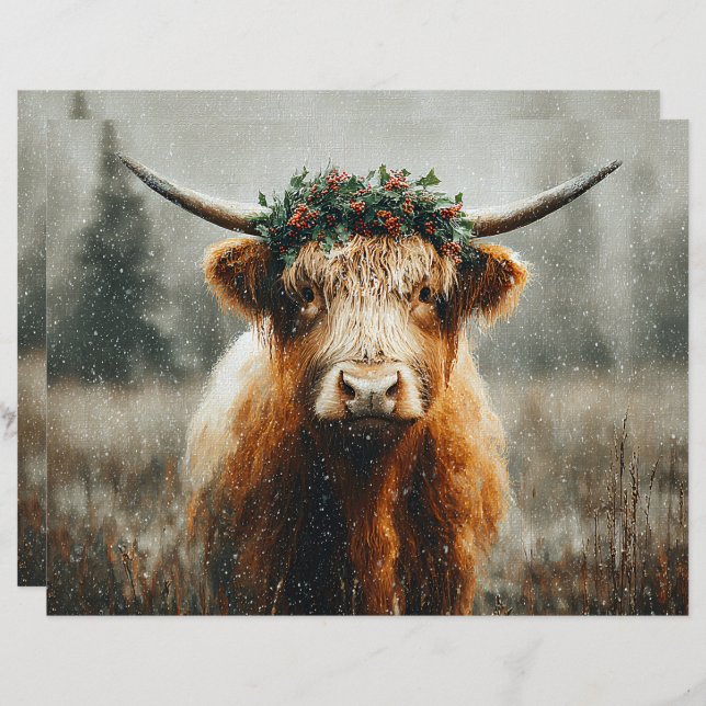 Highland Cow With Christmas Wreath Scrapbook Paper (Frente/Verso)