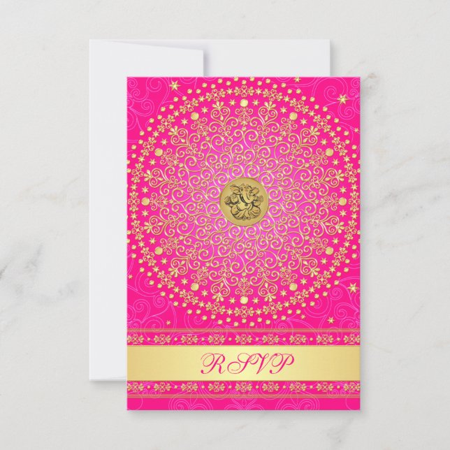 Hindu Ganesh Pink, Dourado Cartão RSVP de Casament (Frente)
