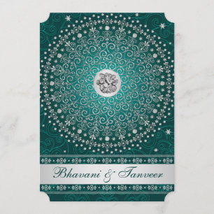 Hindu Ganesh Teal, Silver Scrolls Convite de casam