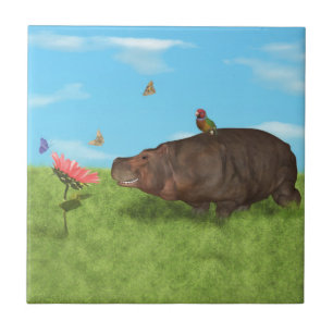 Hipopótamo feliz, flor, borboletas
