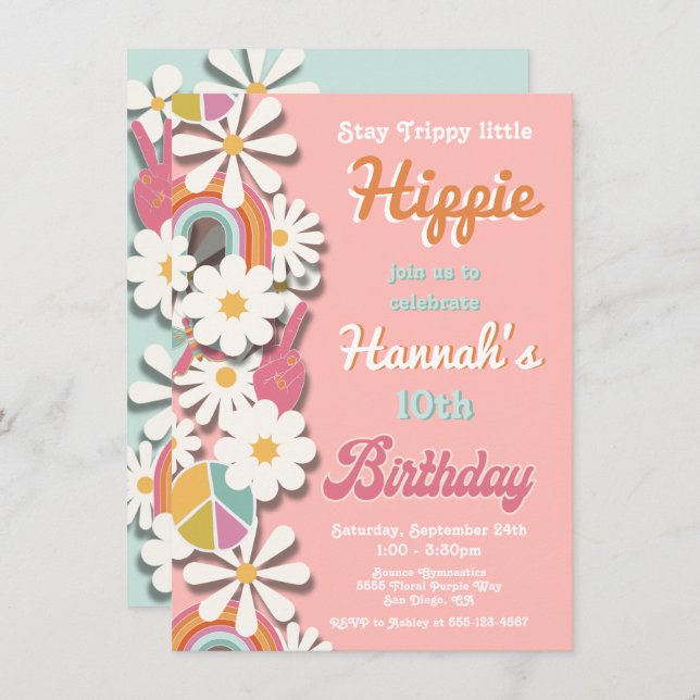Hippie Flower Power 70s 60s Convite para Festa de  (Frente/Verso)