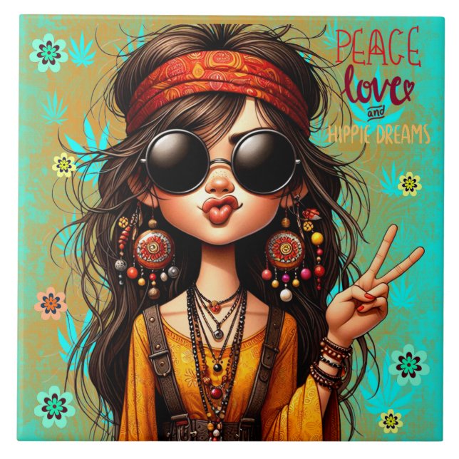 Hippie Quirky Peace & Love Cerâmica Azulejo (Frente)