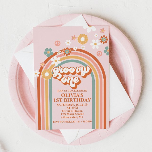 Hippie Rainbow Groovy Um Convite Para primeiro ani (Criador carregado)