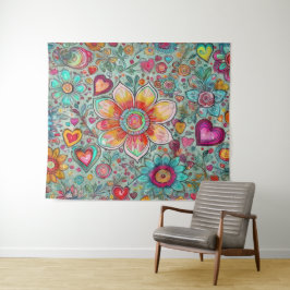 Hippie Retroativo: Tapeçaria com Abstrato de Flor 