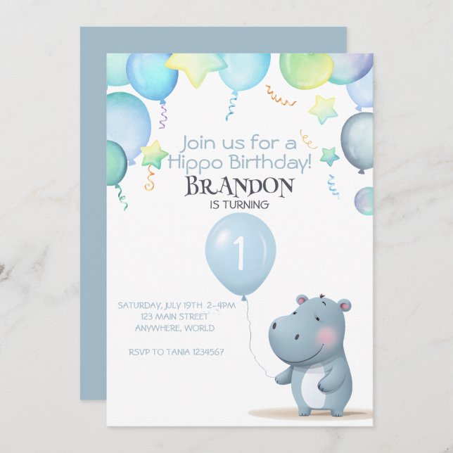 Hippo Birthday — convite simples (Frente/Verso)