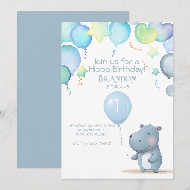 Hippo Birthday — convite simples (Frente/Verso)